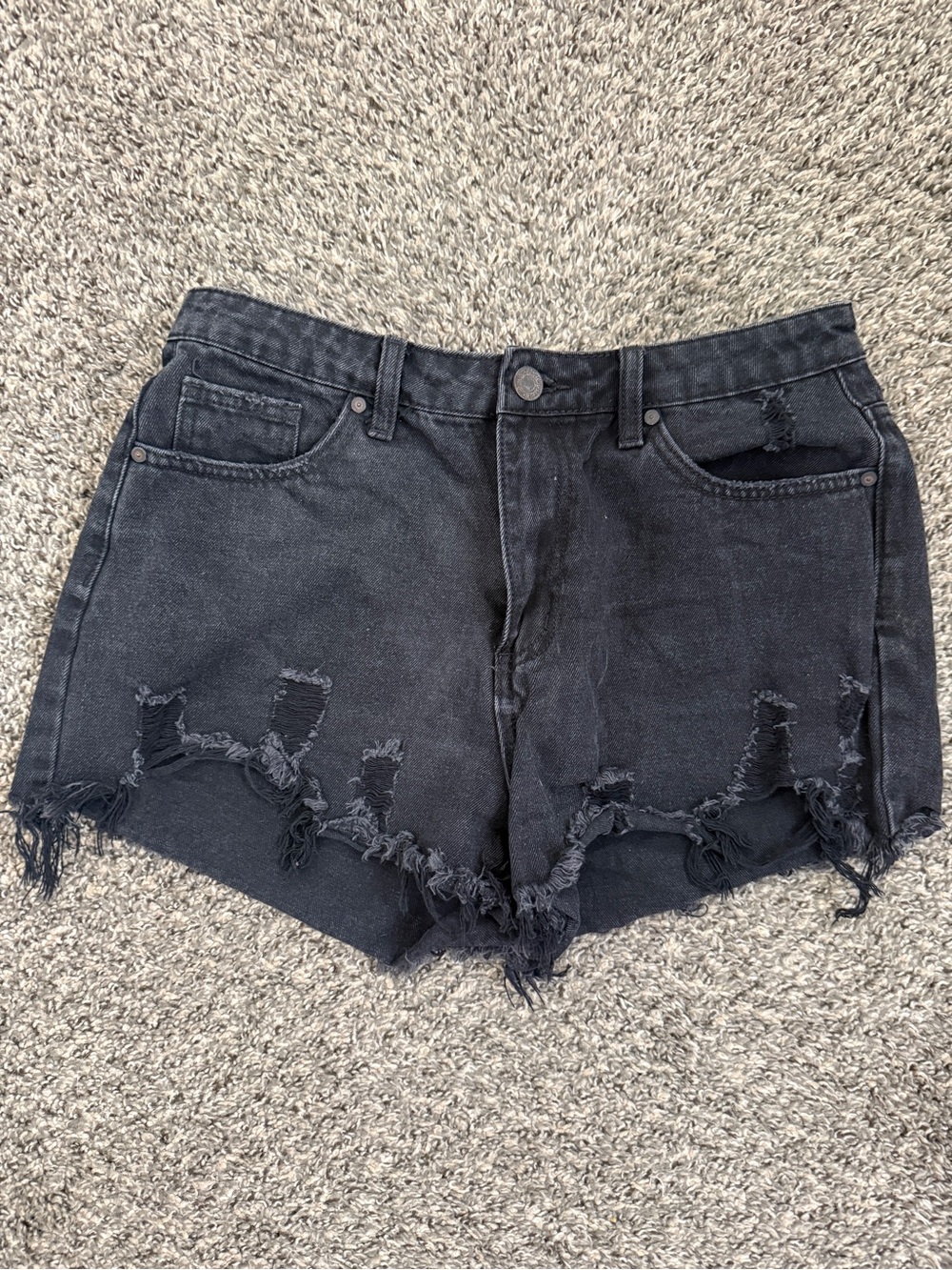 High-Rise Black Frayed Denim Shorts